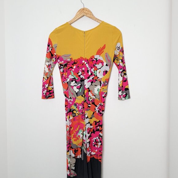 BCBGMaxazria A-Line Ruched Front Midi Dress 3/4 Sleeve Womens Floral V-Neck S - Picture 6 of 9